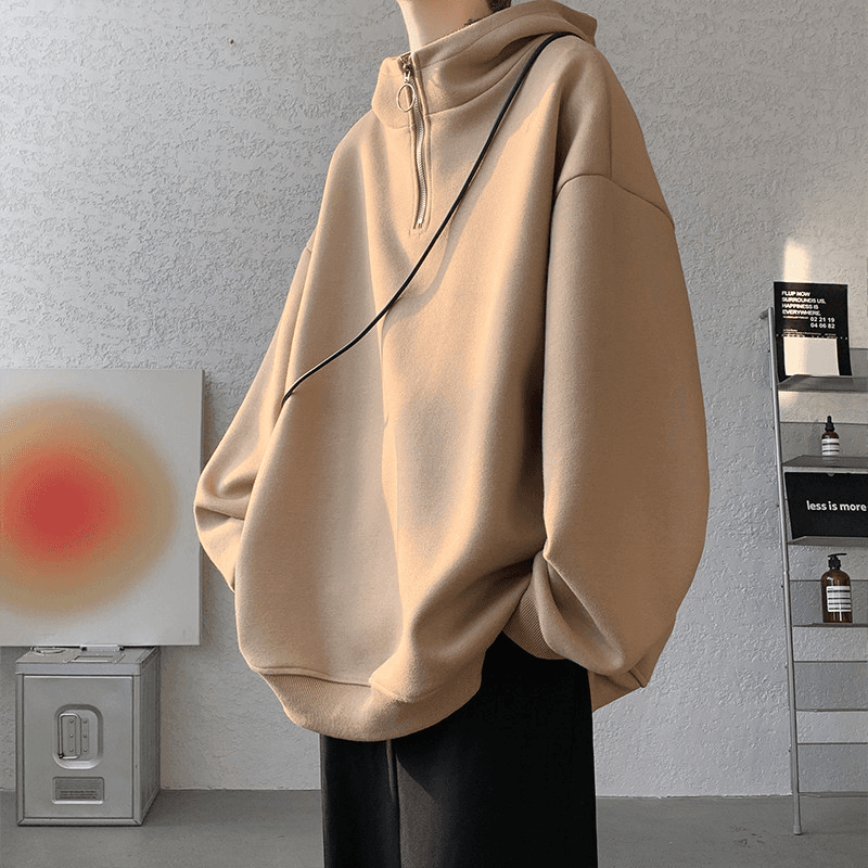 タートルネック メンズ 長袖 ゆったりハーフジップオーバーサイズパーカー M〜5XL 大きいサイズ ぽっちゃり対応