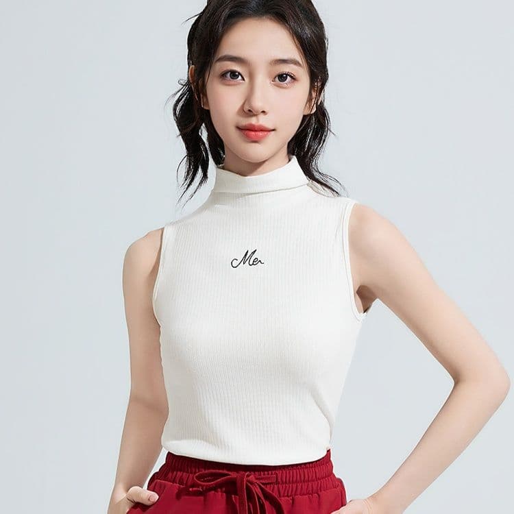 タートルネック すっきり細見え リブ編み ノースリーブ ハイネック M L