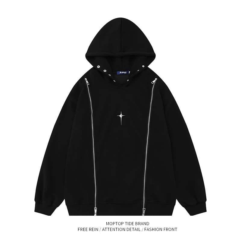 タートルネック メンズ 長袖 星印ダブルジッパーパーカー S~2XL