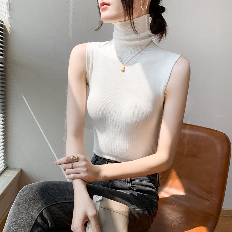 【骨格ウェーブ・ストレート】タートルネック レディース ノースリーブ|細見えリブ編みインナー S~L