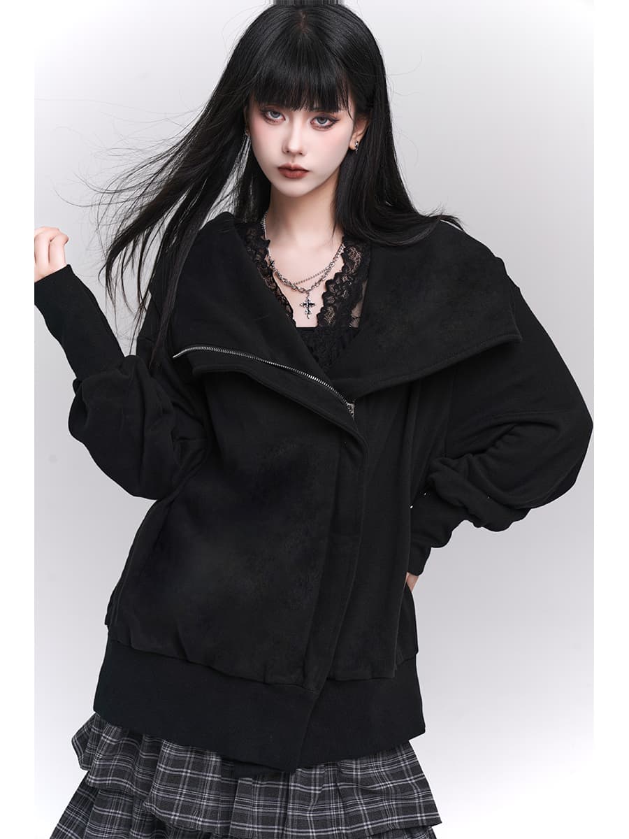 ビッグカラーフーデッドジップアップジャケット ハイネック レディース S M