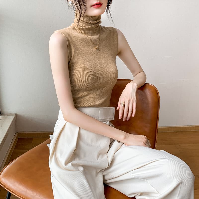 【骨格ウェーブ・ストレート】タートルネック レディース ノースリーブ|細見えリブ編みインナー S~L