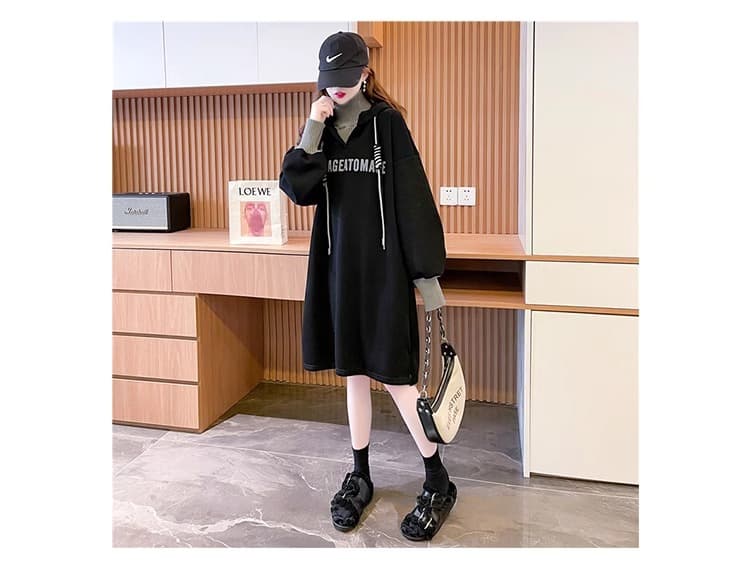 タートルネック重ね着風フード付きワンピースス レディース M~2XL