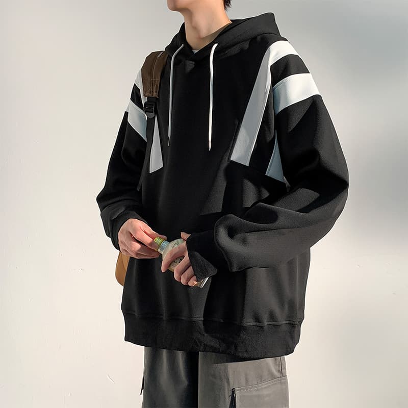 タートルネック メンズ 長袖 肩切替デザイン特大パーカー M~3XL