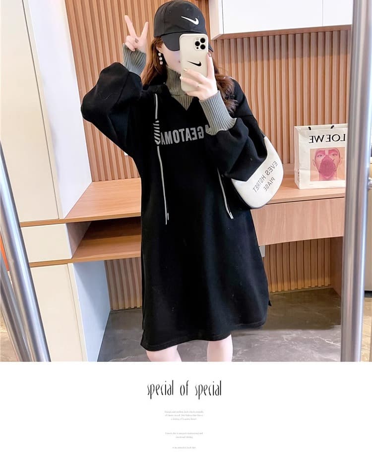 タートルネック重ね着風フード付きワンピースス レディース M~2XL