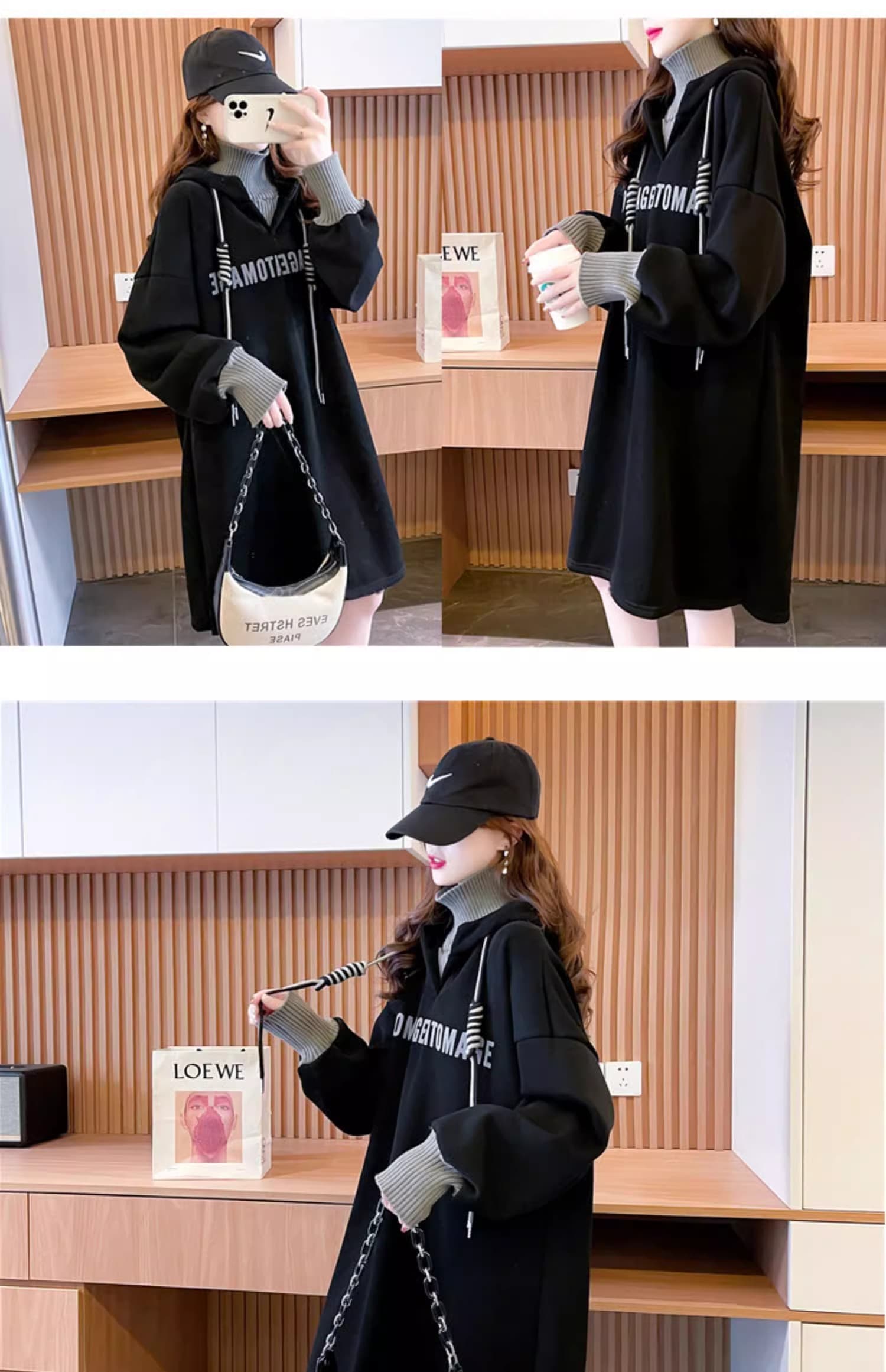 タートルネック重ね着風フード付きワンピースス レディース M~2XL
