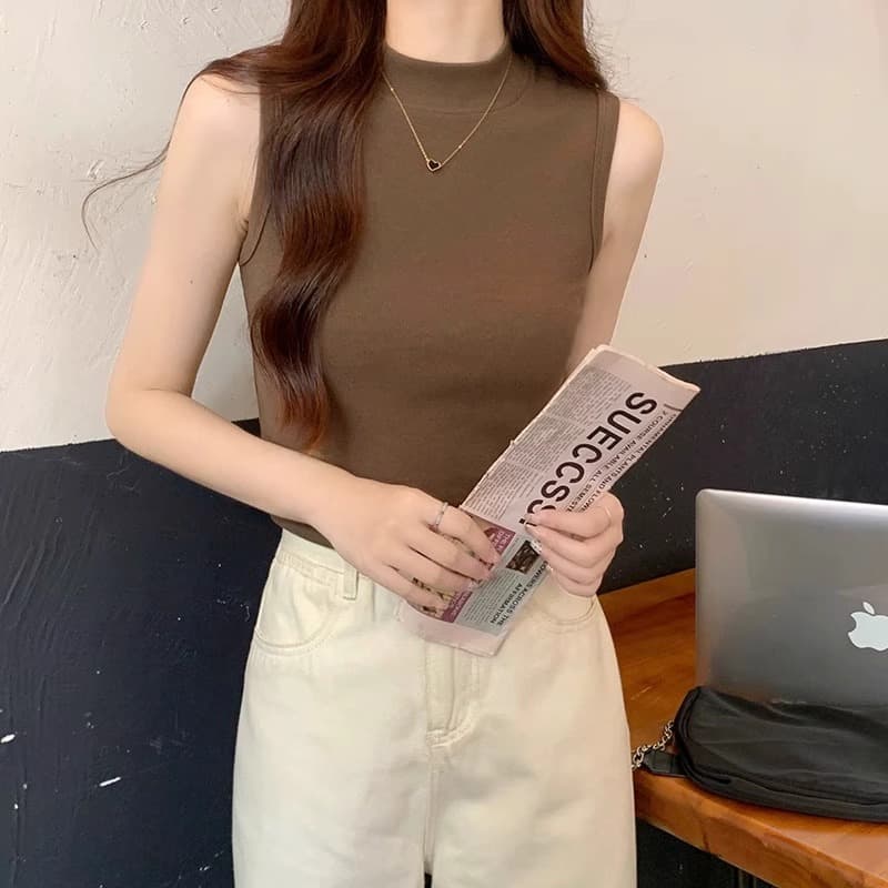 ノースリーブ すっきりフィットニット タートルネック レディース S~XL