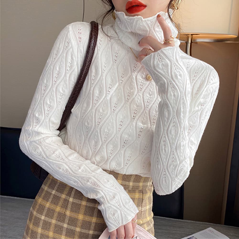立体ケーブル編みフリルネックニットシャツ