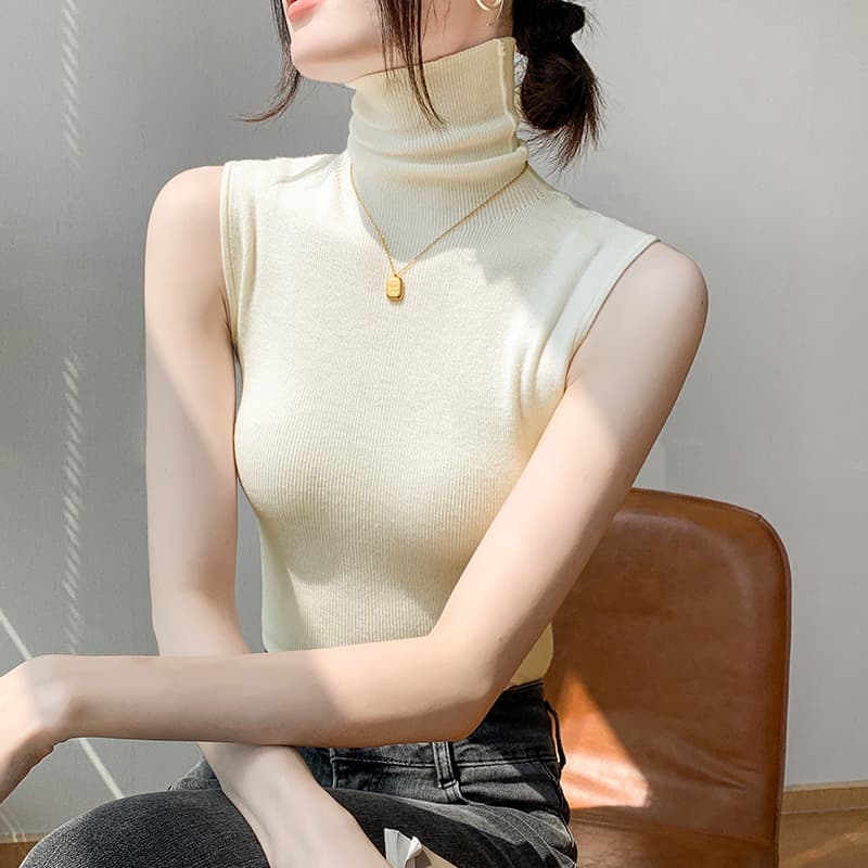 【骨格ウェーブ・ストレート】タートルネック レディース ノースリーブ|細見えリブ編みインナー S~L