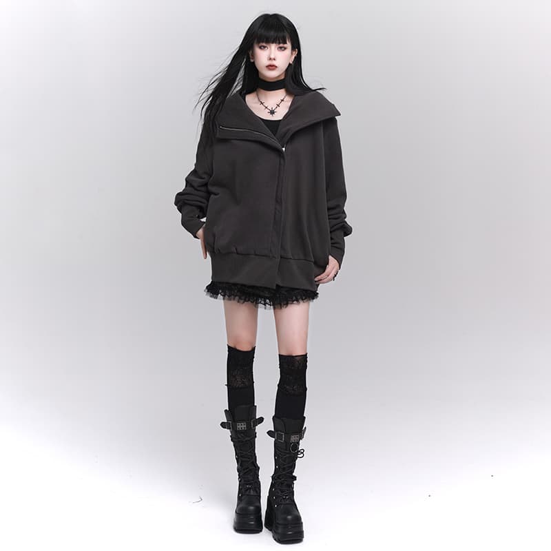 ビッグカラーフーデッドジップアップジャケット ハイネック レディース S M