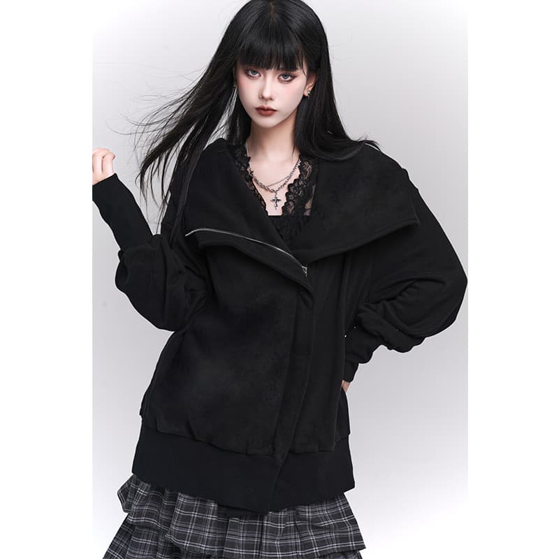 ビッグカラーフーデッドジップアップジャケット ハイネック レディース S M