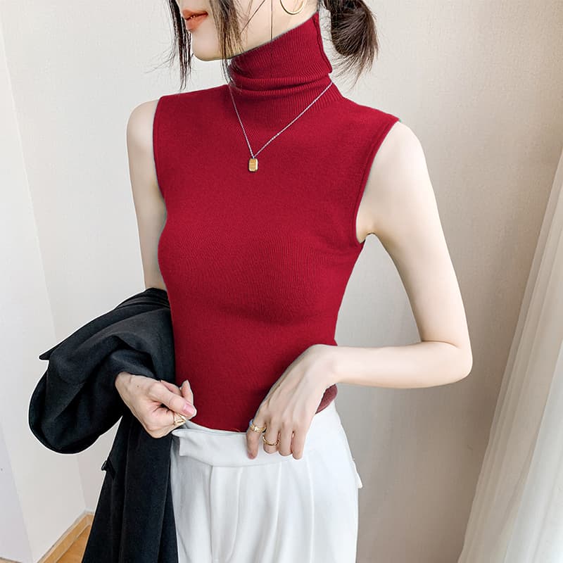 【骨格ウェーブ・ストレート】タートルネック レディース ノースリーブ|細見えリブ編みインナー S~L