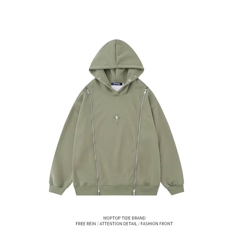 タートルネック メンズ 長袖 星印ダブルジッパーパーカー S~2XL