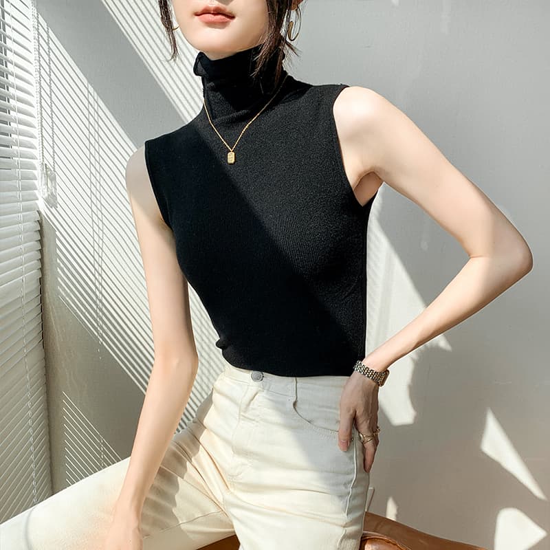 【骨格ウェーブ・ストレート】タートルネック レディース ノースリーブ|細見えリブ編みインナー S~L