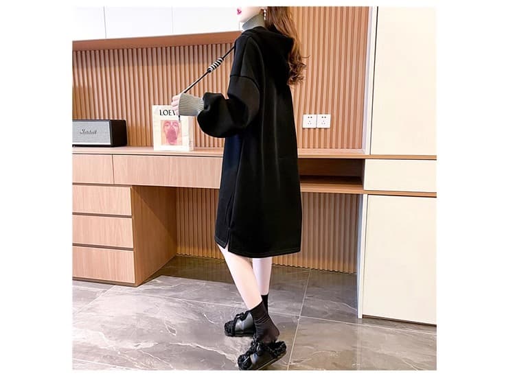 タートルネック重ね着風フード付きワンピースス レディース M~2XL