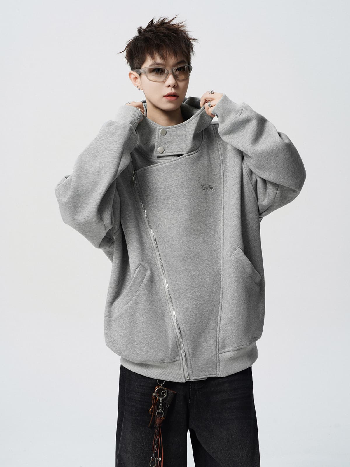 フード付き斜めジップタートルネックジャケット メンズ 長袖 M〜2XL ゆったり