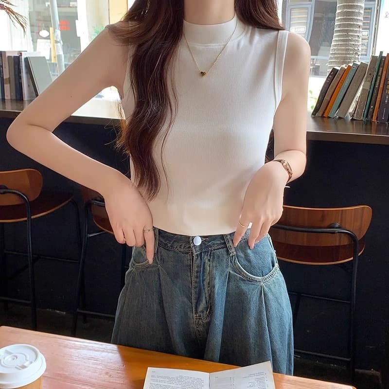 ノースリーブ すっきりフィットニット タートルネック レディース S~XL