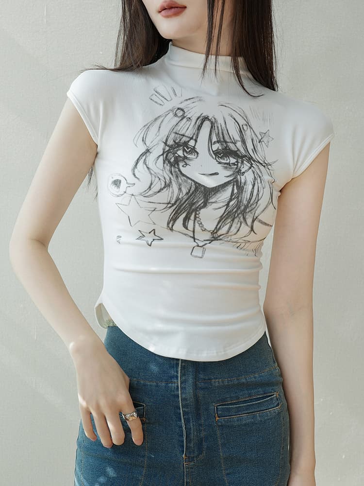 タートルネック イラストプリント半袖 S~L