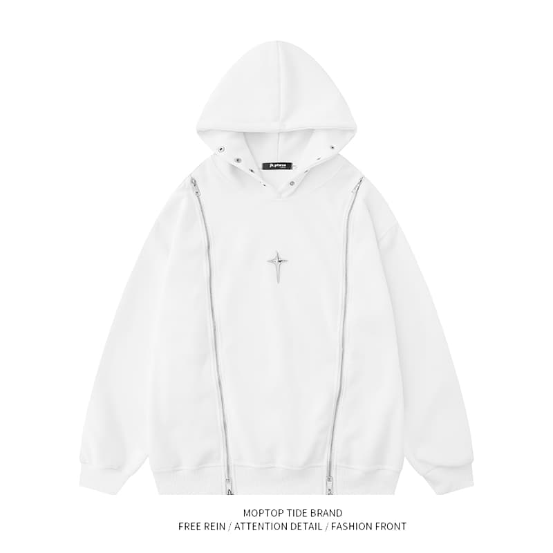 タートルネック メンズ 長袖 星印ダブルジッパーパーカー S~2XL
