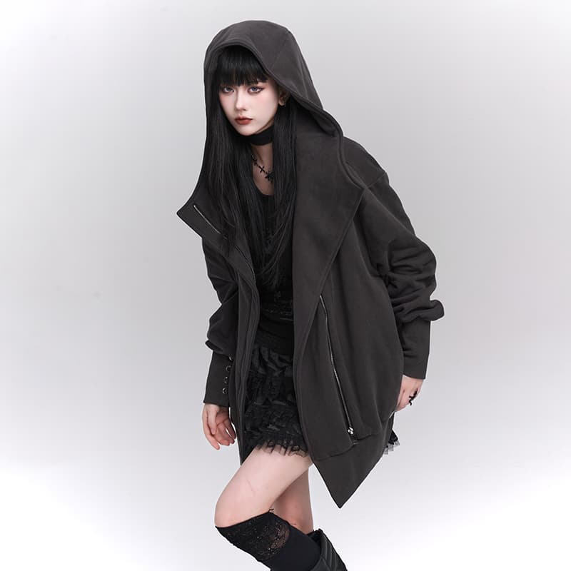 ビッグカラーフーデッドジップアップジャケット ハイネック レディース S M